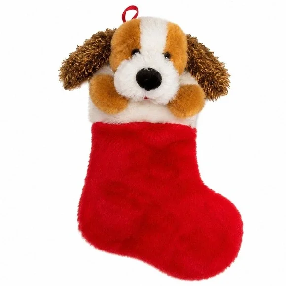 CUTE PLUSH MUSICAL ANIMATED PUPPY DOG CHRISTMAS STOCKING RED WHITE BROWN WORKS
