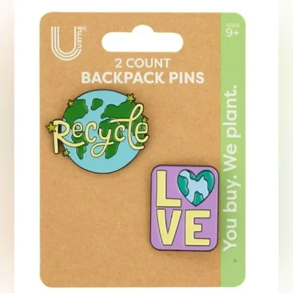 U Style Backpack Pins, Multicolor Love/Recycle Theme, Set of 2