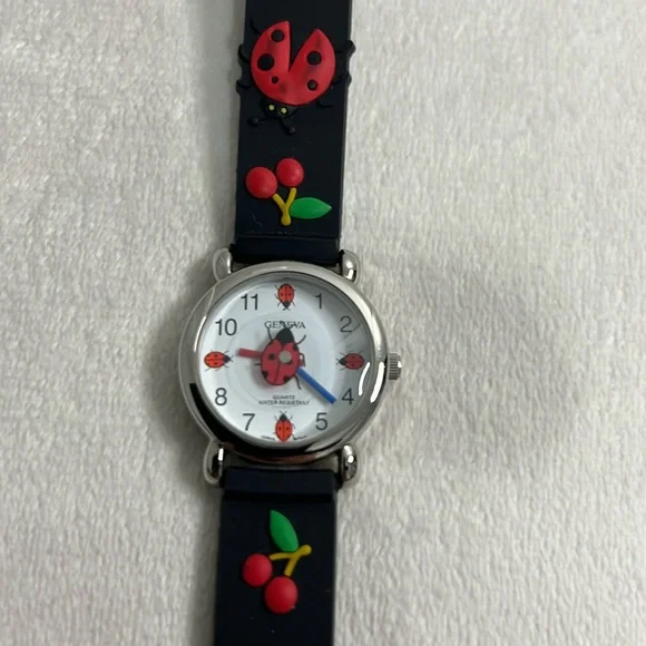Geneva Quartz Girls Ladybug with Cherries Black Wrist Watch Water Resistant