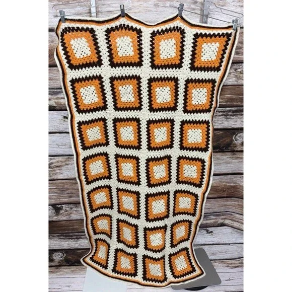 Granny Square Crocheted Afghan Blanket MCM Orange Cream Brown 31.5x57.5