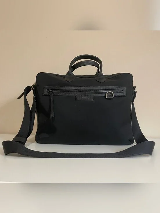 Longchamp Black Cowhide Leather Trim Briefcase with Shoulder Strap