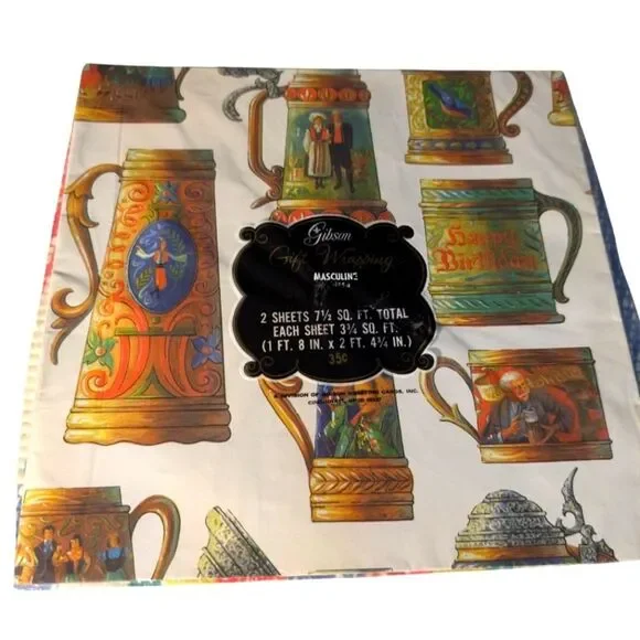Vintage Gibson Bear Stein Mug Happy Birthday Wrapping Paper NIP‎ Rare