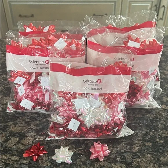CELEBRATE ASSORTED MINI SELF ADHESIVE BOWS RED-WHITE-PINK 250 PCS NWT