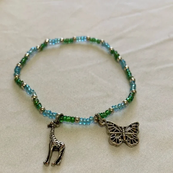 Giraffe and Butterfly green and light blue beaded bracelet Festival seashell,