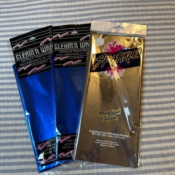 Vintage Beistle Gleam'n Wrap & Bleyer‎ Sparkle Metallic Tissue Paper Blue Silver