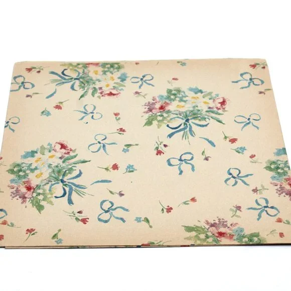 Vintage Colorful Flowers & Blue Bows Gift Wrapping Paper One Sheet 30” X 20”