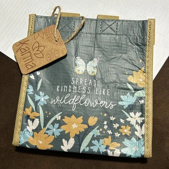 🩶5/$30 Karma Floral & Butterfly Blue & Yellow Small Reusable Gift Tote Bag NEW