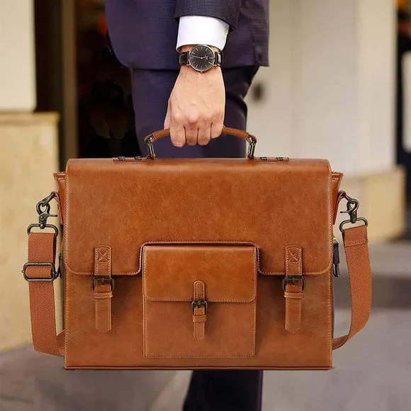 Men's Brown Leather Water repellent Messenger Bag 16.14
