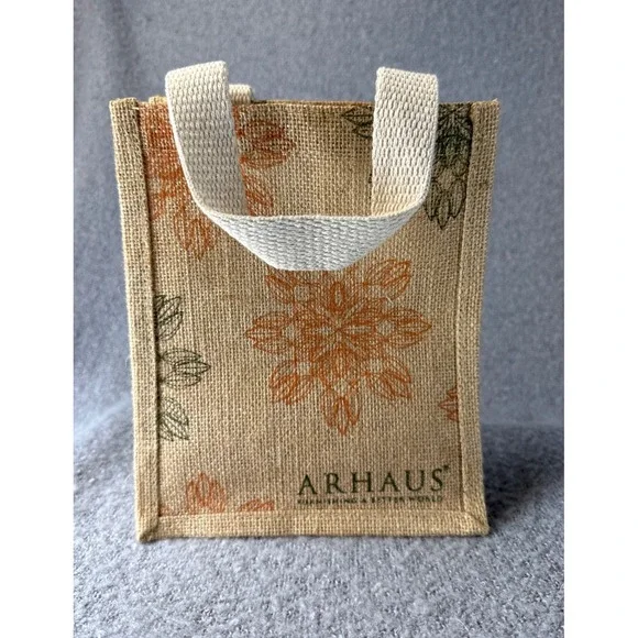 Arhaus Mini Tote Bag Unisex Small Tan Floral Jute Eco-Friendly Upscale Gift Bag