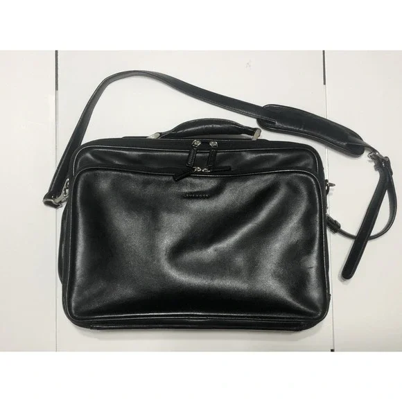 LEVENGER Black Leather Laptop Expandable Briefcase Silver NICKLE Hard Ware USA