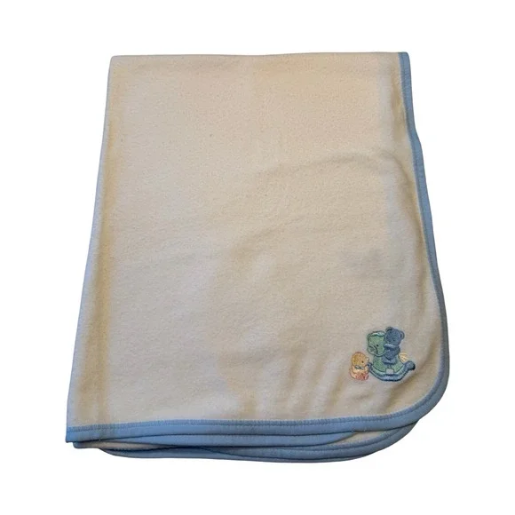 Vintage Just Born Baby Blanket white Blue Trim Rocking Horse Bear USA 30x38