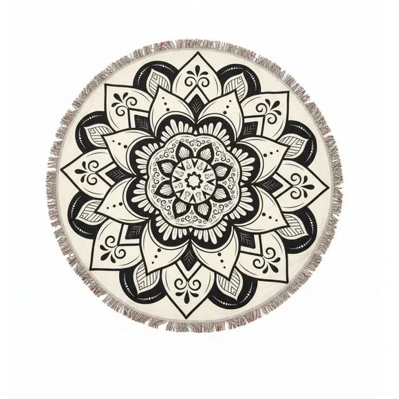 Round Mandala Tapestry Throw Beach Blanket Black White‎ Boho Fringe