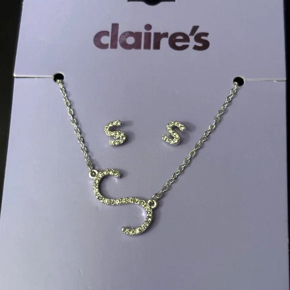 NWT Claires Silver Initial S Necklace and Earrings Set Rhinestone Letter Jewelry