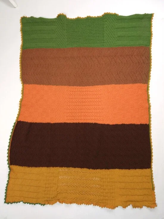 Hand Knit 1970s Striped Throw Blanket Avacado Green Orange Brown 50x36 In