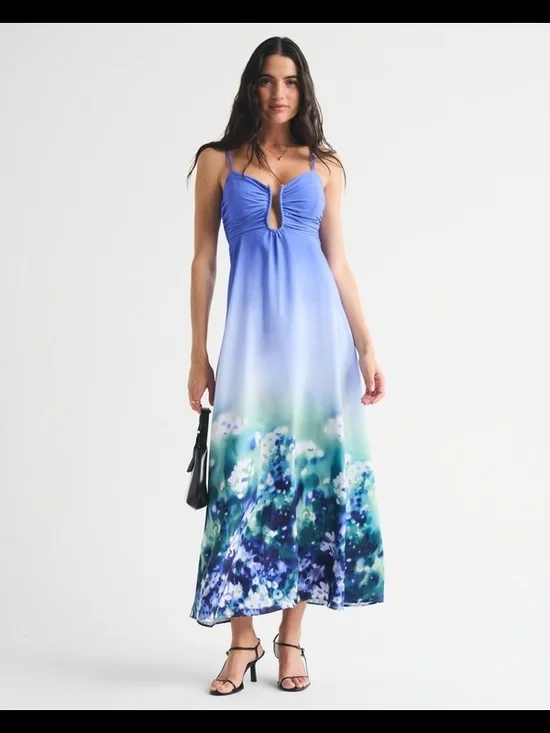Abercrombie & Fitch Blue to Teal Ombre Floral Maxi Dress Size XL Tall Flaw