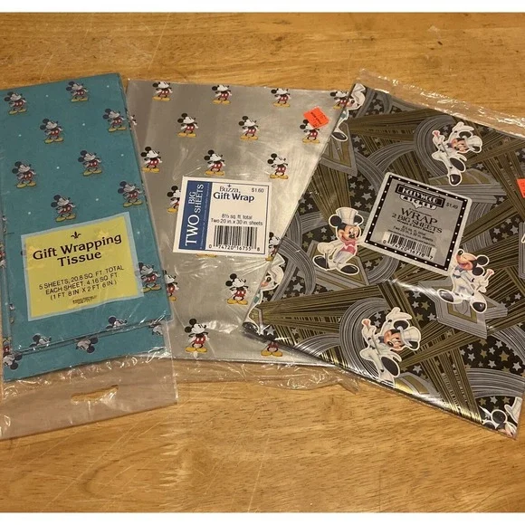 Vtg Disney Mickey Mouse Gift Sheet Wrapping Paper Hollywood Silver Blue Tissue