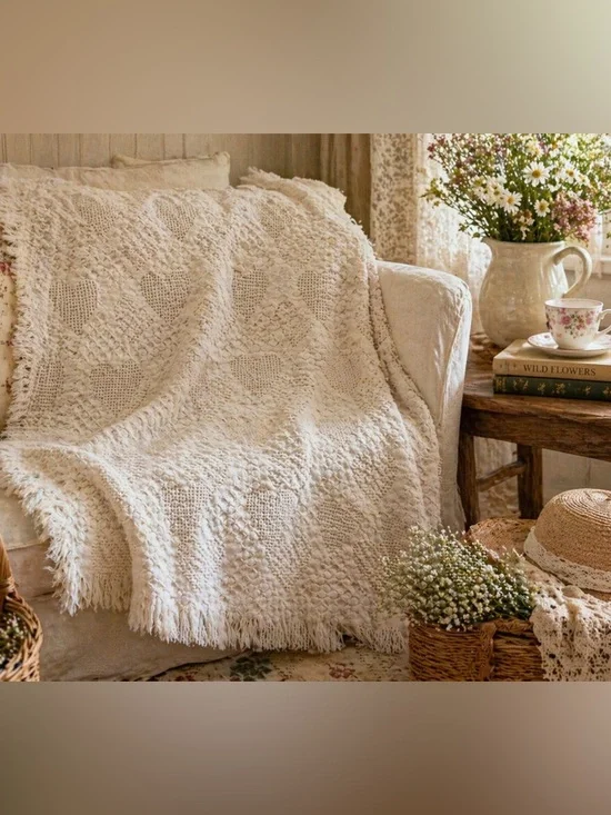 Vintage Cream Heart Tapestry Throw Blanket 40” x 60” Cottagecore