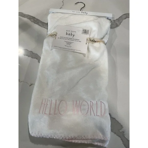 RAE DUNN Baby Blanket hello world‎ white Infant NEW NIP NWT