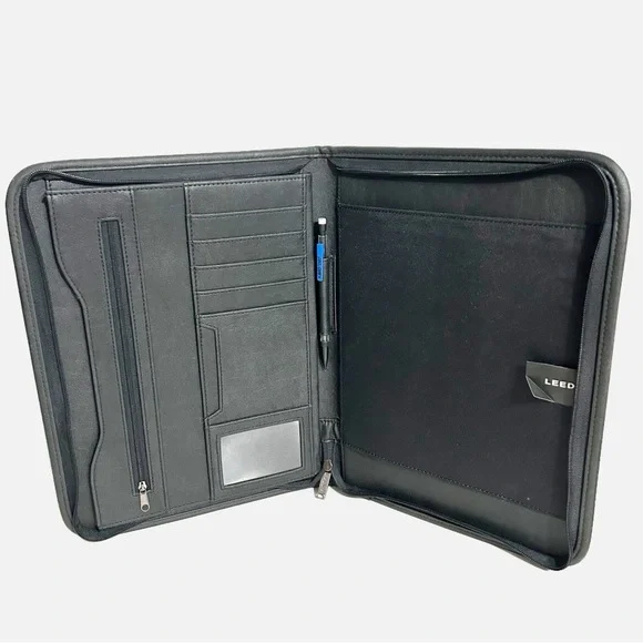Leeds Black Faux Leather Zip Around Organizer Portfolio Document Keeper Pockets