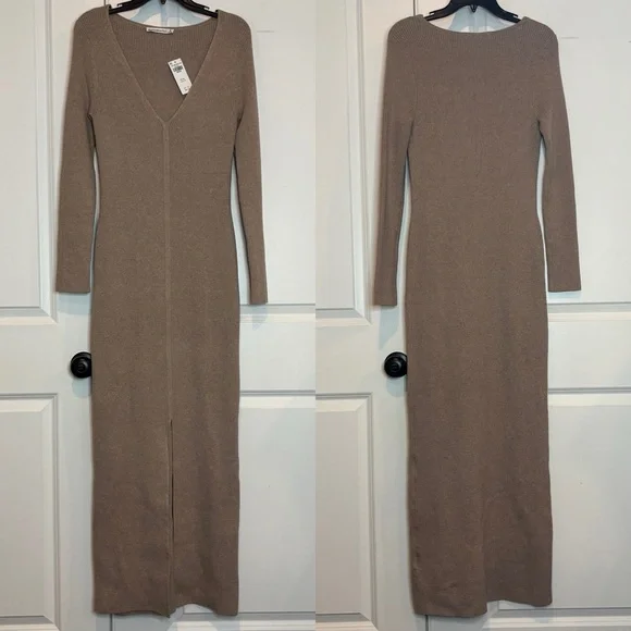 NWT Abercrombie & Fitch Tan Ribbed Knit V-neck Long Sleeve Maxi Dress M