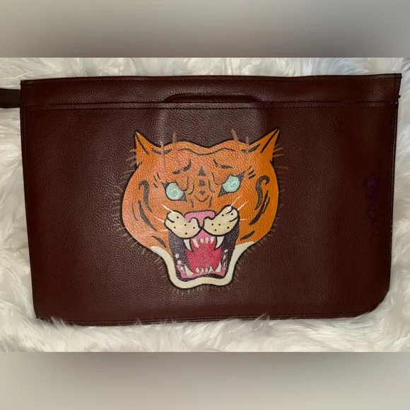 Brown Leather Men's Laptop Bag with Tiger Design