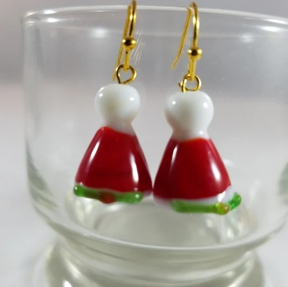 Hand Crafted Earrings Santa Hat Red White Green Pierced Dangle