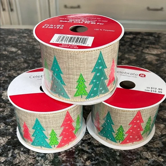 CELEBRATE IT BURLAP CHRISTMAS TREE W GLITTER WIRED RIBBON LOT OF 3 NWT