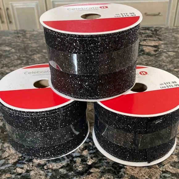 CELEBRATE IT WIRED RIBBON 2.5”x20 FT BLACK GLITTER LOT OF 3