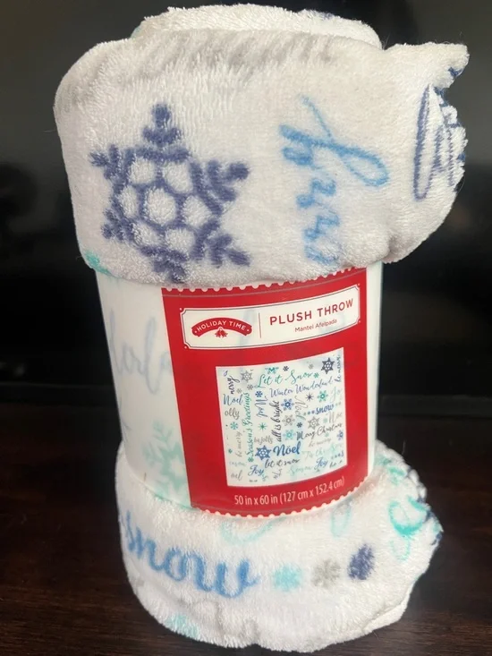 Holiday Time White Plush Throw with Blue and Teal Snowflake Accents
