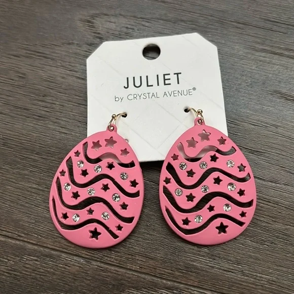 Juliet By Crystal Avenue cutout Easter Egg,clear rhinestone post drop earrings