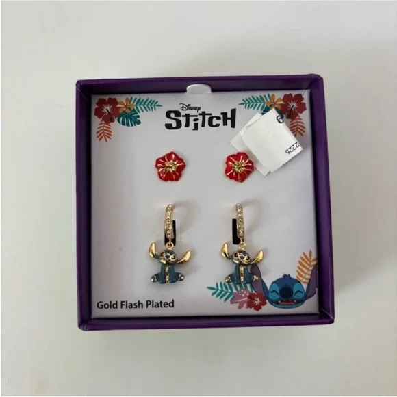 Disney Lilo and Stitch Earrings Set Red Flower Studs Dangle Hoop Kawaii Jewelry