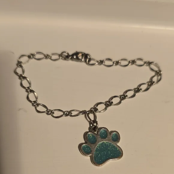 Silver Bracelet With A Green Paw Charm Bracelet for Unisex Kids