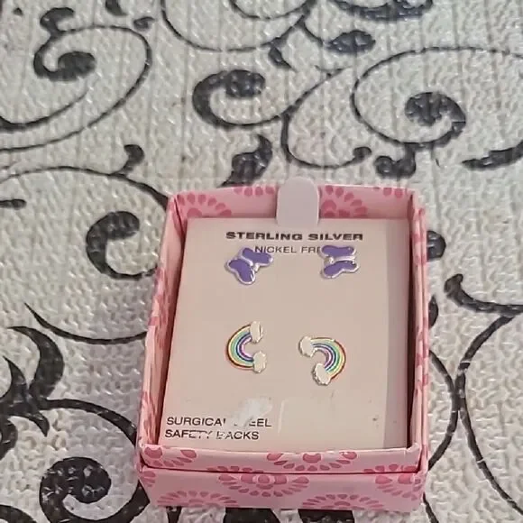 Sterling Silver Kids Earrings - Purple and Rainbow
