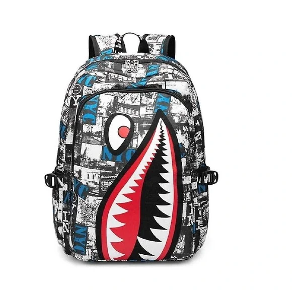 Oxford Cloth Waterproof Large Shark Laptop Backpack Newsprint NYC - 12.6