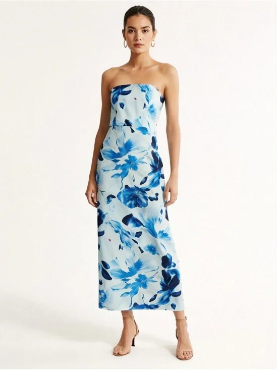 Abercrombie Blue Floral Strapless Maxi Dress XL Tall Elegant