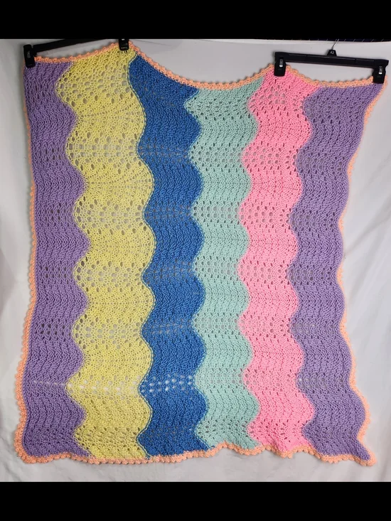 Handmade Crochet Knit Blanket Pastel Rainbow Ripple Throw Nursery Grannycore 45