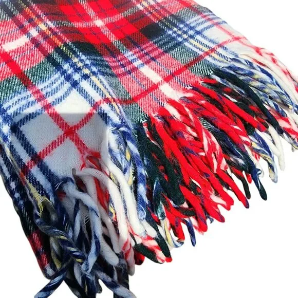 Vintage Troy Mills Wool Plaid Blanket Red Green Blue Fringe 52x51 USA