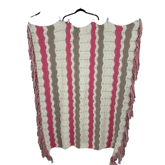 *Beautiful Hand Knit Afghan Throw in Pink Tan and White.