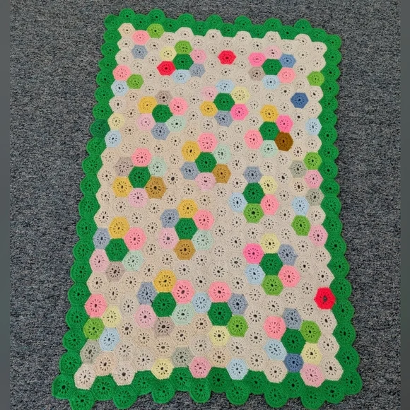 Vintage Handmade Honeycomb Crochet Granny Square Afghan Throw Blanket
