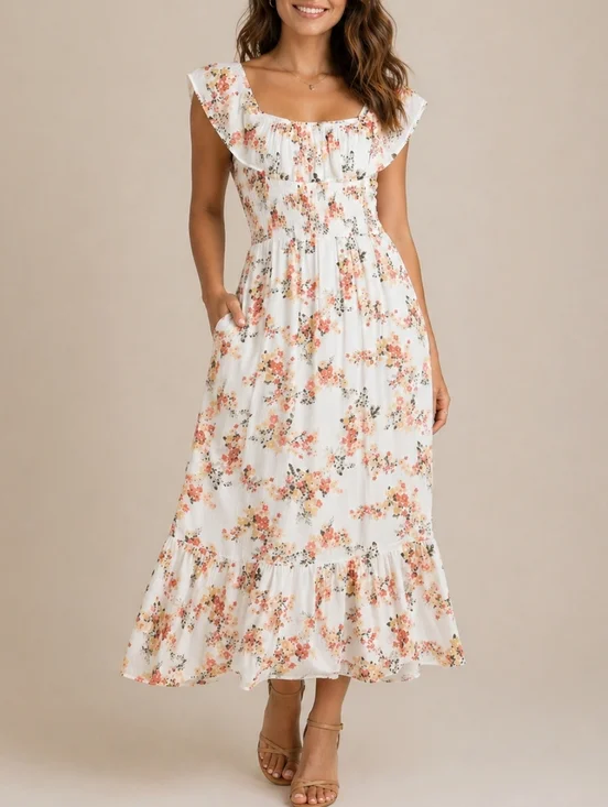 Abercrombie & Fitch Floral Smocked Maxi Dress With Pockets White Women’s Medium