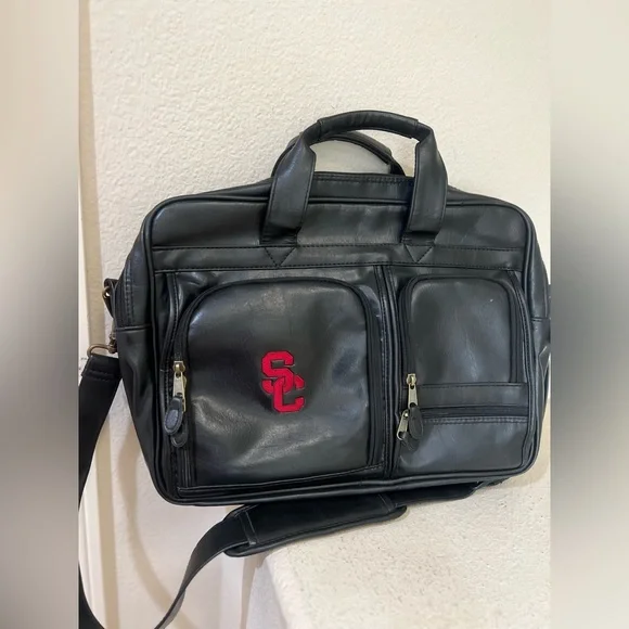 USC Logo Black Leather Briefcase Pocket Multi Compartments Portfolio Work Bag