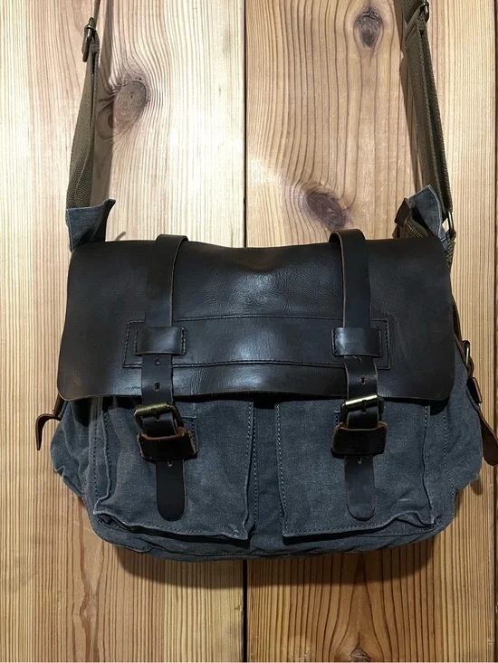 Vintage Style Canvas & Leather Messenger Bag | Unisex Crossbody Field Bag