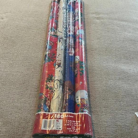 Vintage 2000 Kmart Christmas Gift Wrap 4 Rolls 180 Sq Ft Snowman Santa Cleo USA