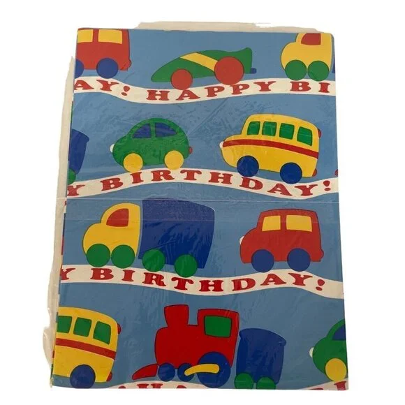 Gift Wrap Paper Happy Birthday‎ Cars Bus Trucks Multicolors USA Vintage