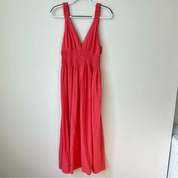 Abercrombie Scrunchie Strap Plunge Linen Maxi Dress Salmon Pink