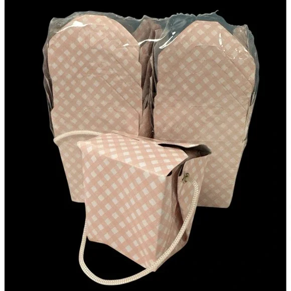 12 Mini Take Out Boxes Gingham Pink White Check W/ Rope Handle Goody Party Favor