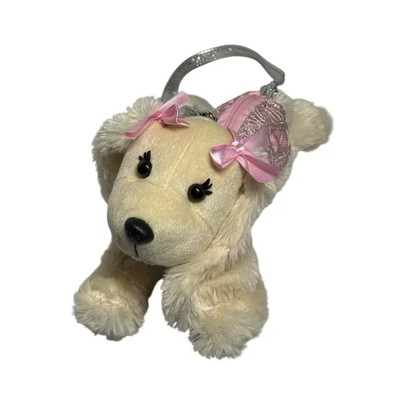 Stuffed Dog‎ Plush Purse Poochie & Co Pink Bows Sparkle Beige Puppy Silver Strap