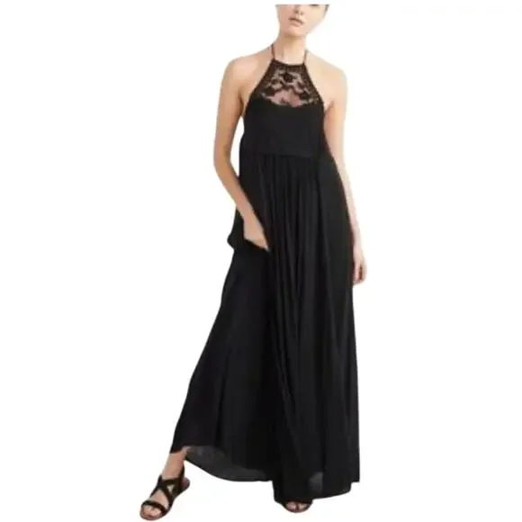 ABERCROMBIE FITCH Y2K Halter Lace Maxi Dress‎ Black XS Oversized Fairy Boho Goth
