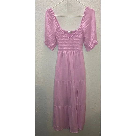 Abercrombie & Fitch Maxi Dress Women XS Pink Smocked Puff Sleeve Slit Boho