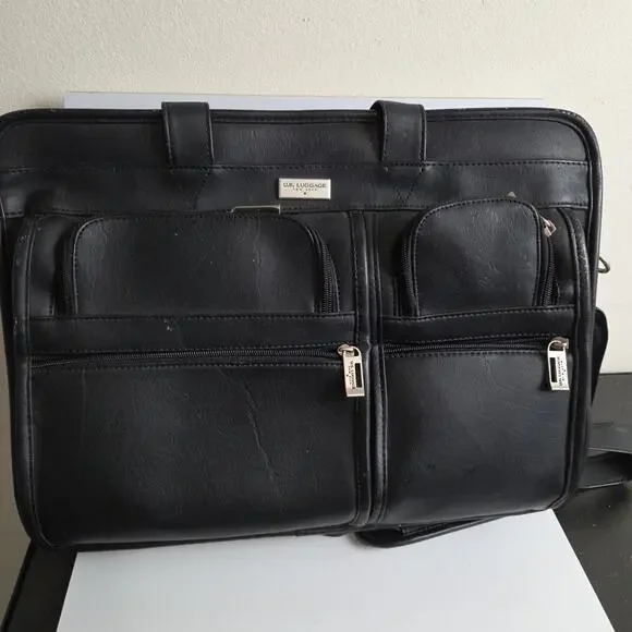 US Luggage New York Black Leather Expandable Briefcase Laptop Bag Shoulder Strap